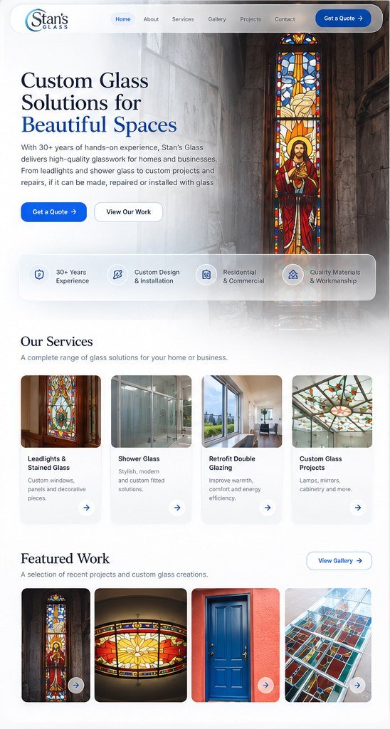 Stan’s Glass website homepage showcasing custom glass solutions, leadlights and modern glazing services in Christchurch, New Zealand.