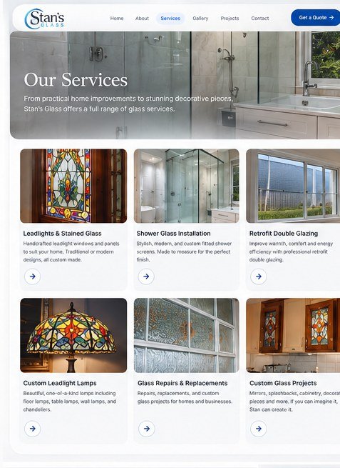 A structured services experience presents leadlights, shower glass, retrofit double glazing, repairs and custom glass work.
