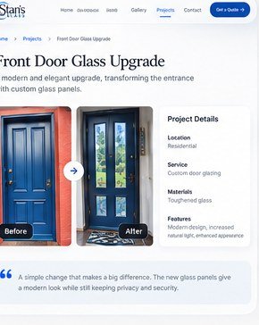 A dedicated project page demonstrates how before-and-after storytelling can communicate the transformation of a glass project.